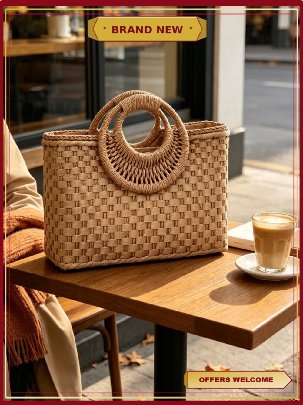 Handwoven Straw Tote Bag Double-Ring Handles Lightweight Beach Travel